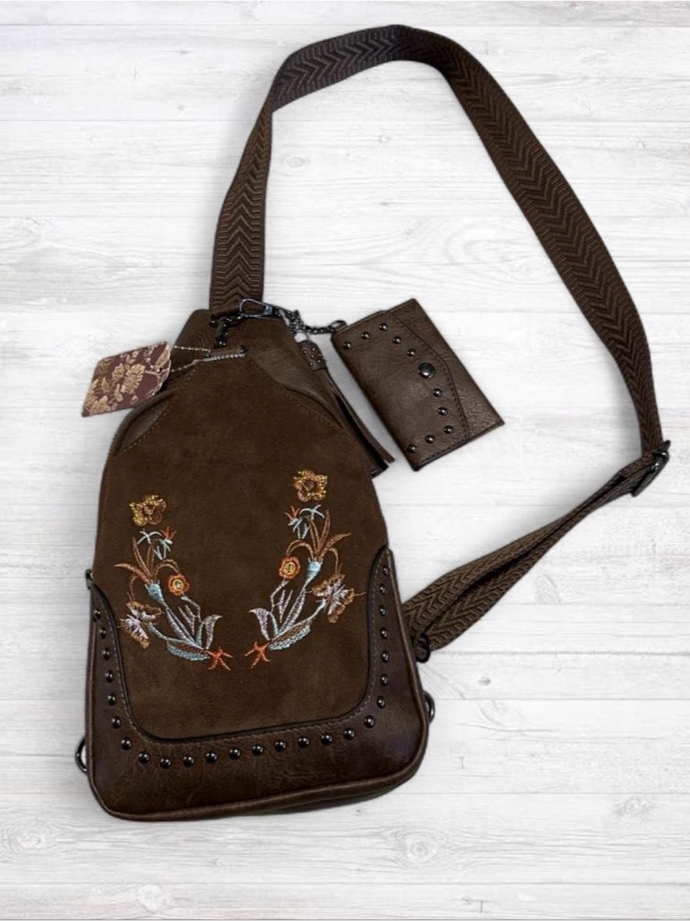 Embroidered Brown Crossbody Sling Bag with Coin Pouch - Women
